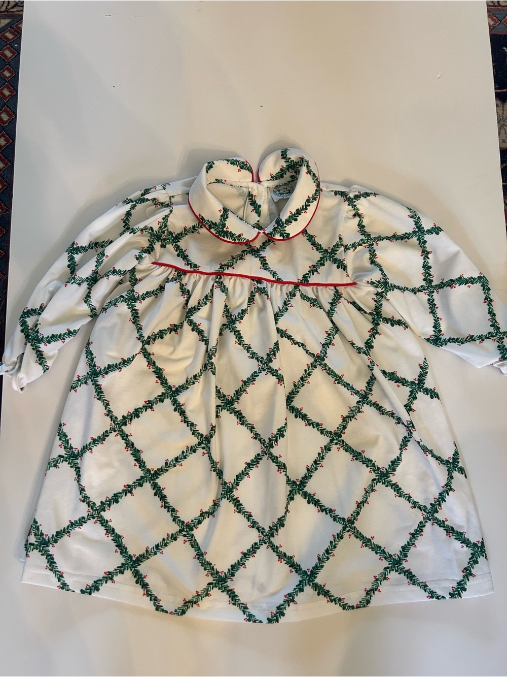 Girls' White Holiday Smocked Dress with Green Holly Lattice and Red Trim